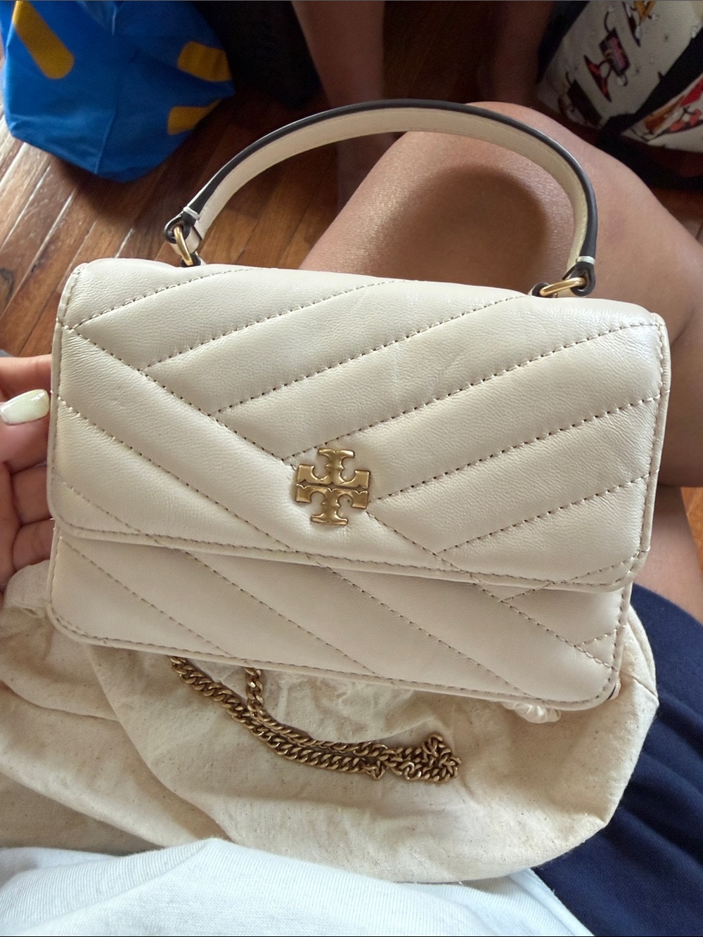 Tory Burch Cream Quilted Leather Top-Handle Mini Bag with Gold Logo